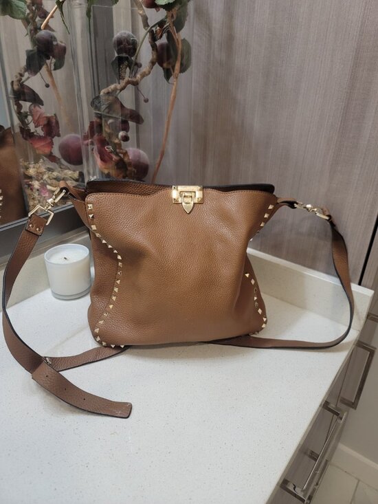 Valentino Handbags - Valentino Garavani Rockstud Hobo Messenger Bag Brown Grain Leather